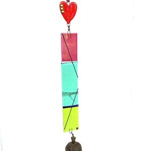 HEART GLASS ART W/BRASS BELL WIND CHIME BOHEMIAN-STYLE COLORFUL BLOCK MEDITATION